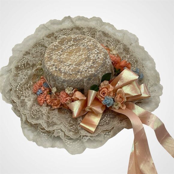 Vintage Romantic Lace Straw Sun Hat Lot Floral Ribbon Wide Brim Cottagecore 2 Pc